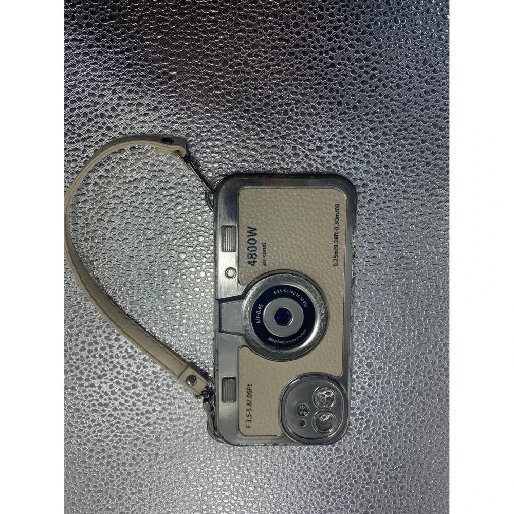 Vintage Camera Style iPhone Case with Wrist Strap Cream Silver Retro 3D Design